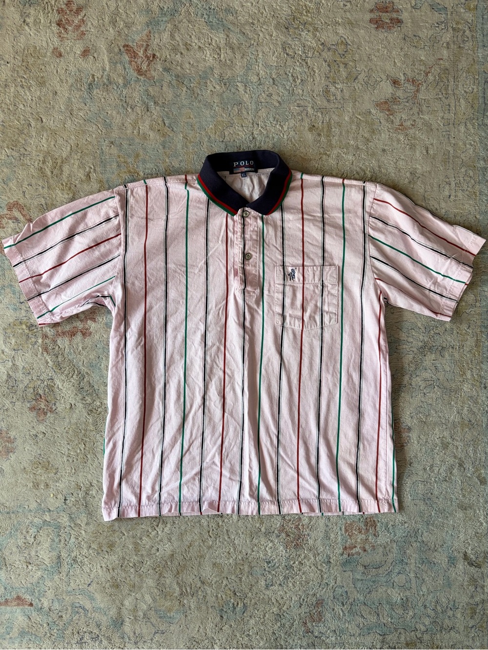 Vintage Polo by Ralph Lauren Pink Striped Cotton Polo with Navy Collar